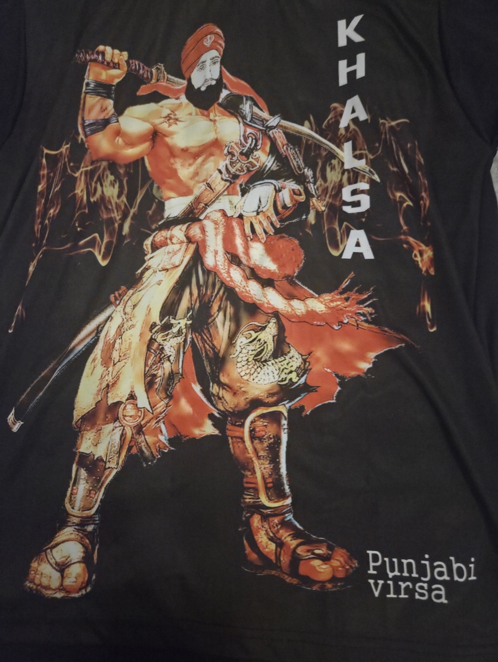 Men's shirt featuring a "Khalsa" graphic design inspired by Sikh warrior culture